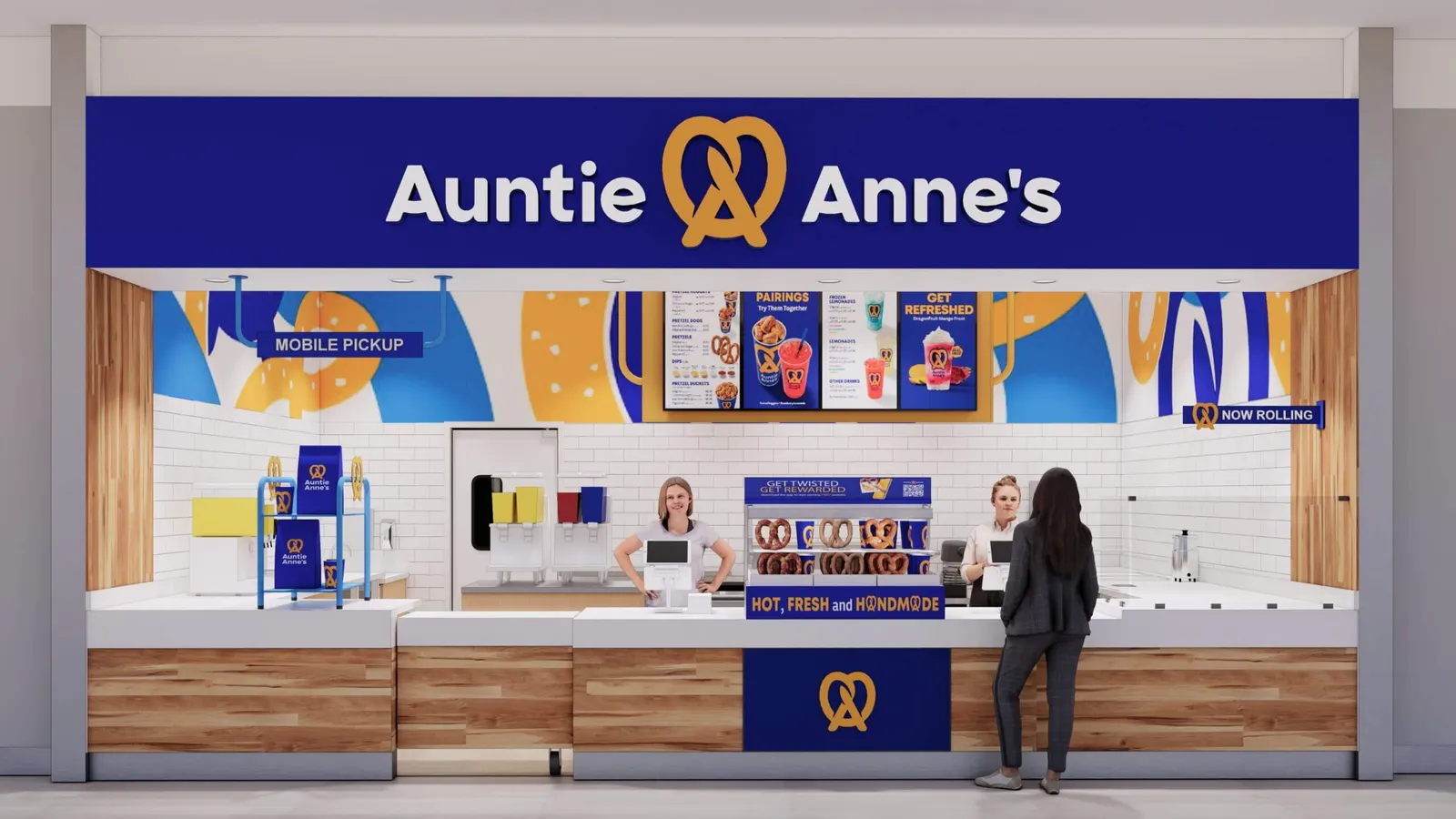 An image of Auntie Anne's refreshed store identity.