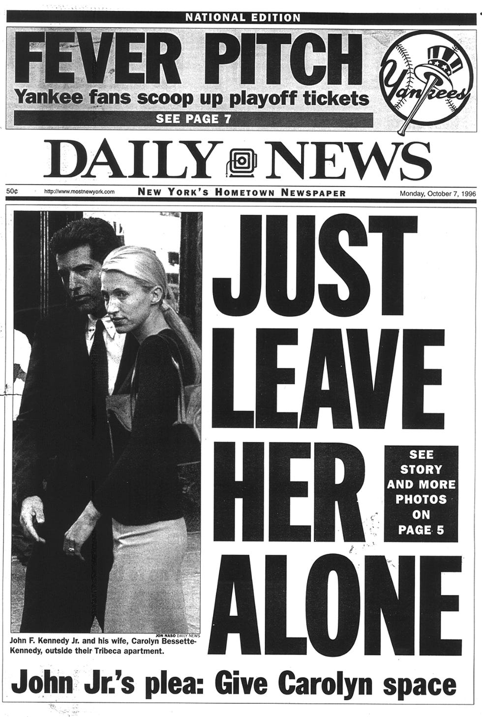Daily News front page Monday, Oct. 7, 1996 (10/7/96), JUST LE