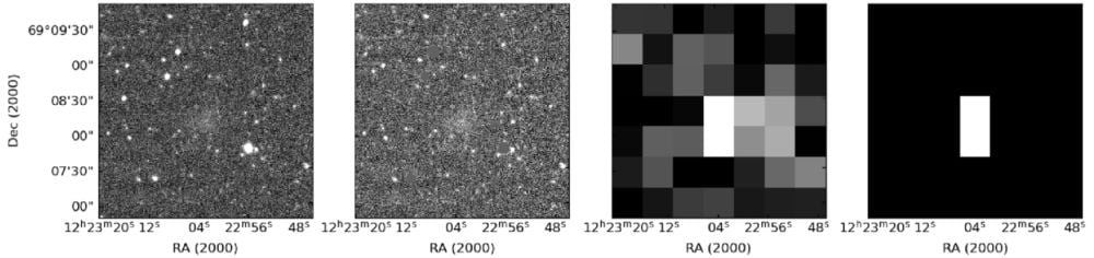 This figure illustrates how the team's detection algorithm works. The first image on the left shows the candidate dwarf satellite galaxy. The second panel is the image after masking objects from the Guide Star Catalog. The third image is after further processing, and the final image shows the object detected above the background noise. After the algorithm processed the images, they are visually inspected. Image Credit: Hunter et al 2025 ApJ 989 58