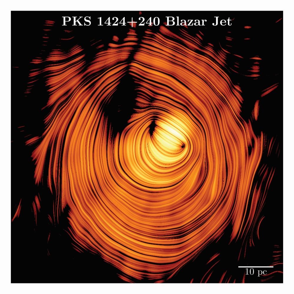 In a nod to Tolkein, the object is called the "Eye of Sauron," which is a potent symbol of Sauron's power. The lines of linear polarization show how we're looking almost directly into the jet's cone. Image Credit: Kovalev et al. 2025. A&A