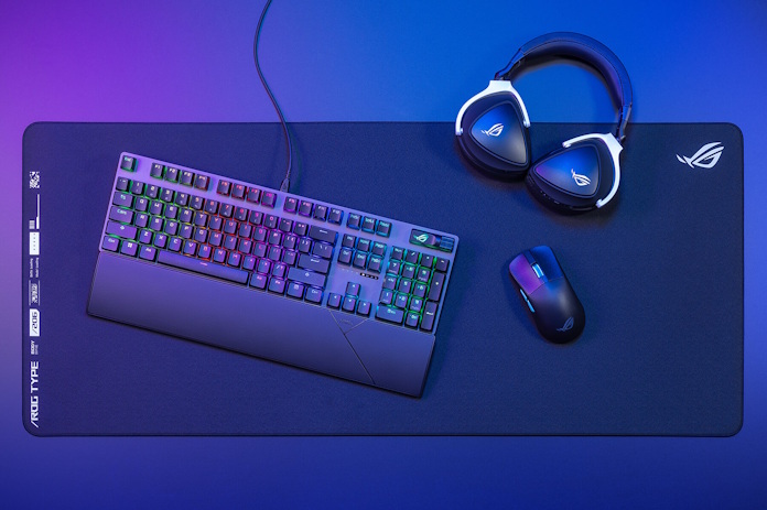 A collection of ROG peripherals showing the Aura Sync functionality