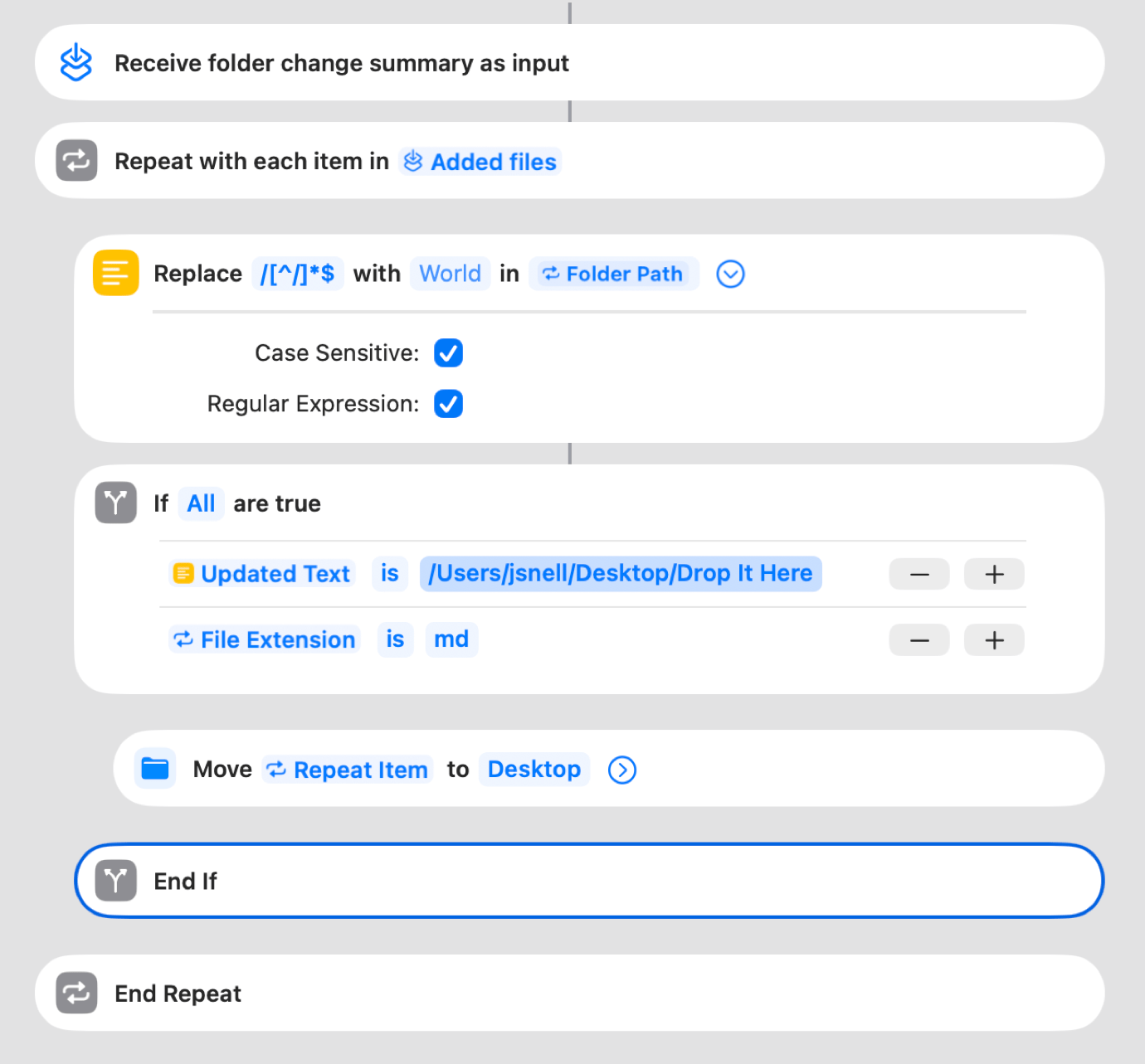 This screenshot shows a workflow automation interface with steps: 'Receive folder change summary,' 'Repeat with each item,' 'Replace $ with World in Folder Path,' 'If All are true,' 'Move to Desktop,' and 'End If.' Includes checkboxes and dropdown menus.