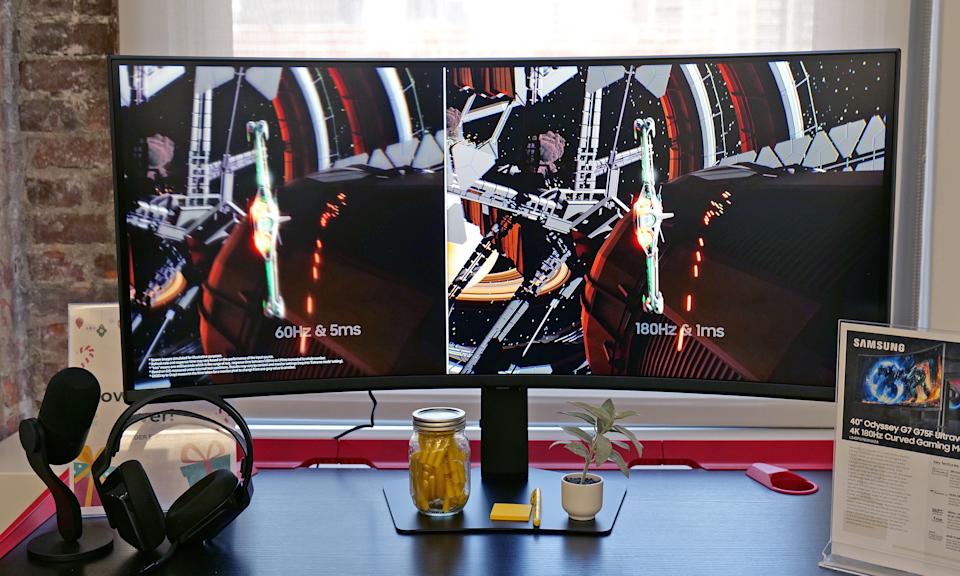 The Samsung 40-inch Odyssey G7 features a 1000R curved display and ultra-wide 21:9 aspect ratio using a VA panel with 350 nits of brightness.
