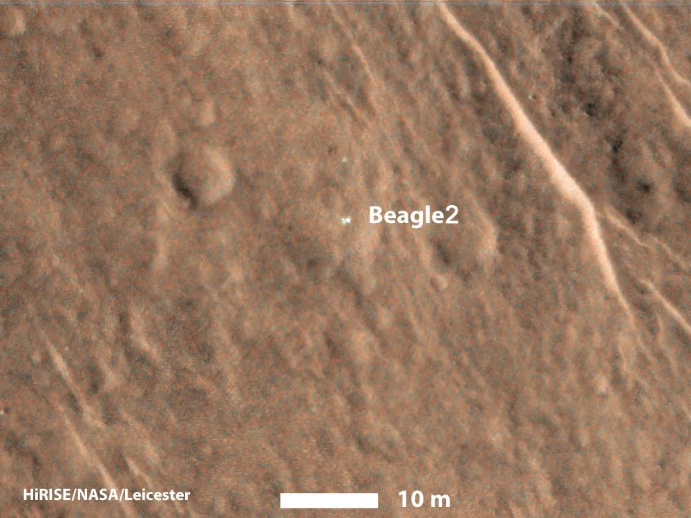 The Beagle 2 spacecraft landed on the surface of Mars but its solar panels failed to deploy, preventing communication. Credit: HIRISE/NASA/Leicester
