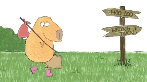 Hoo Zoo An illustration by Hercule van Wolfwinkle of escaped capybara Cinnamon with a bag over his shoulder looking at a signpost from the film Cinnamon's Big Adventure.