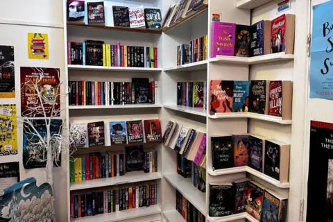 A set of white book shelves in the corner of a shop. There are four rows of shelves, with one set of shelves directly in front and another one at a right angle on the right hand side. In the middle across the shelves, there are books with their covers on display. More shelves to the right of the book shelves display more book covers. To the left of the shelves, there is a poster wall, with a fake painted white tree in front. 