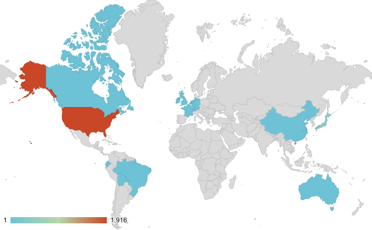 Heat map highlighting countries in varying shades of blue and red, indicating different data values ranging from 1 to 1,916. The Unite States is entirely red.