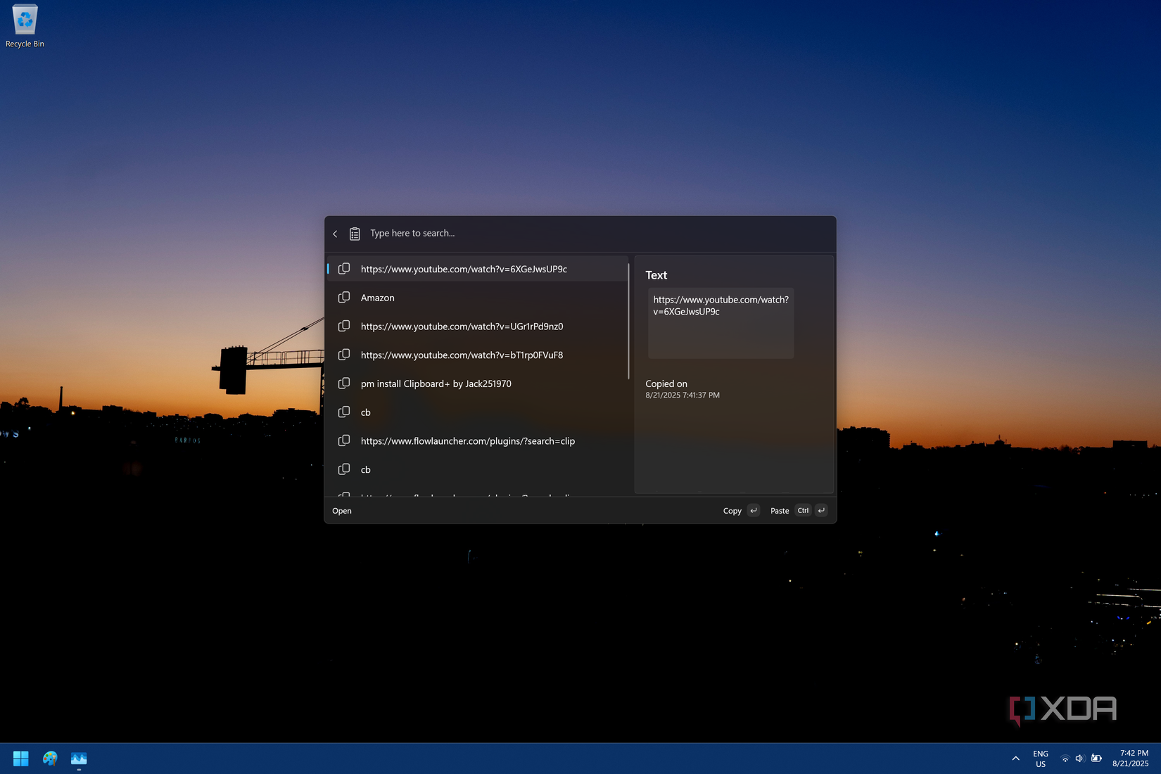 Screenshot of the clipboard history feature in Command Palette