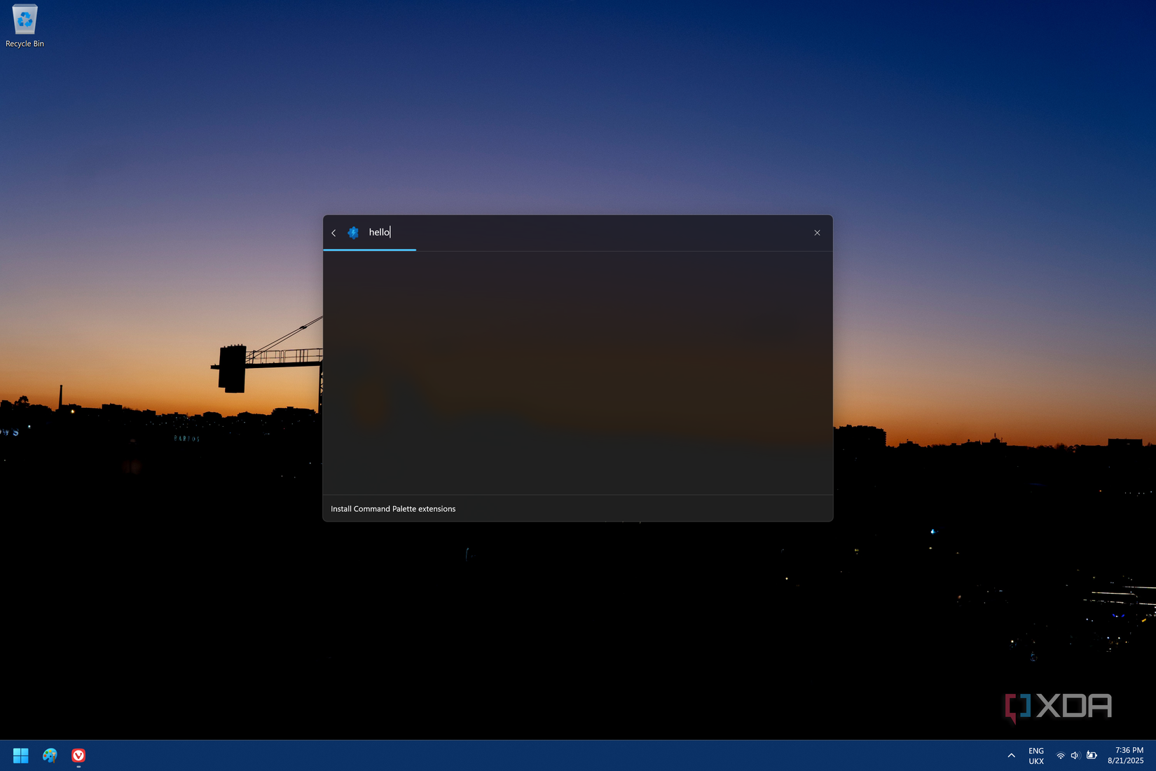 Screenshot of Command palette showing a blank page where there should be a list of extensions
