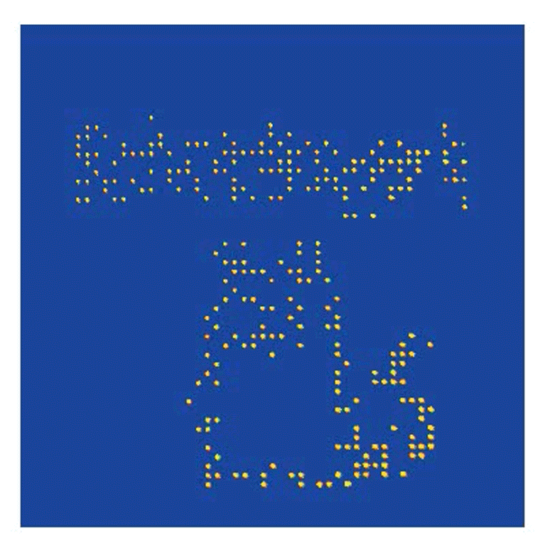 An animated gif of rubidium atoms being moved around on a grid to form words and Schrödinger’s cat.