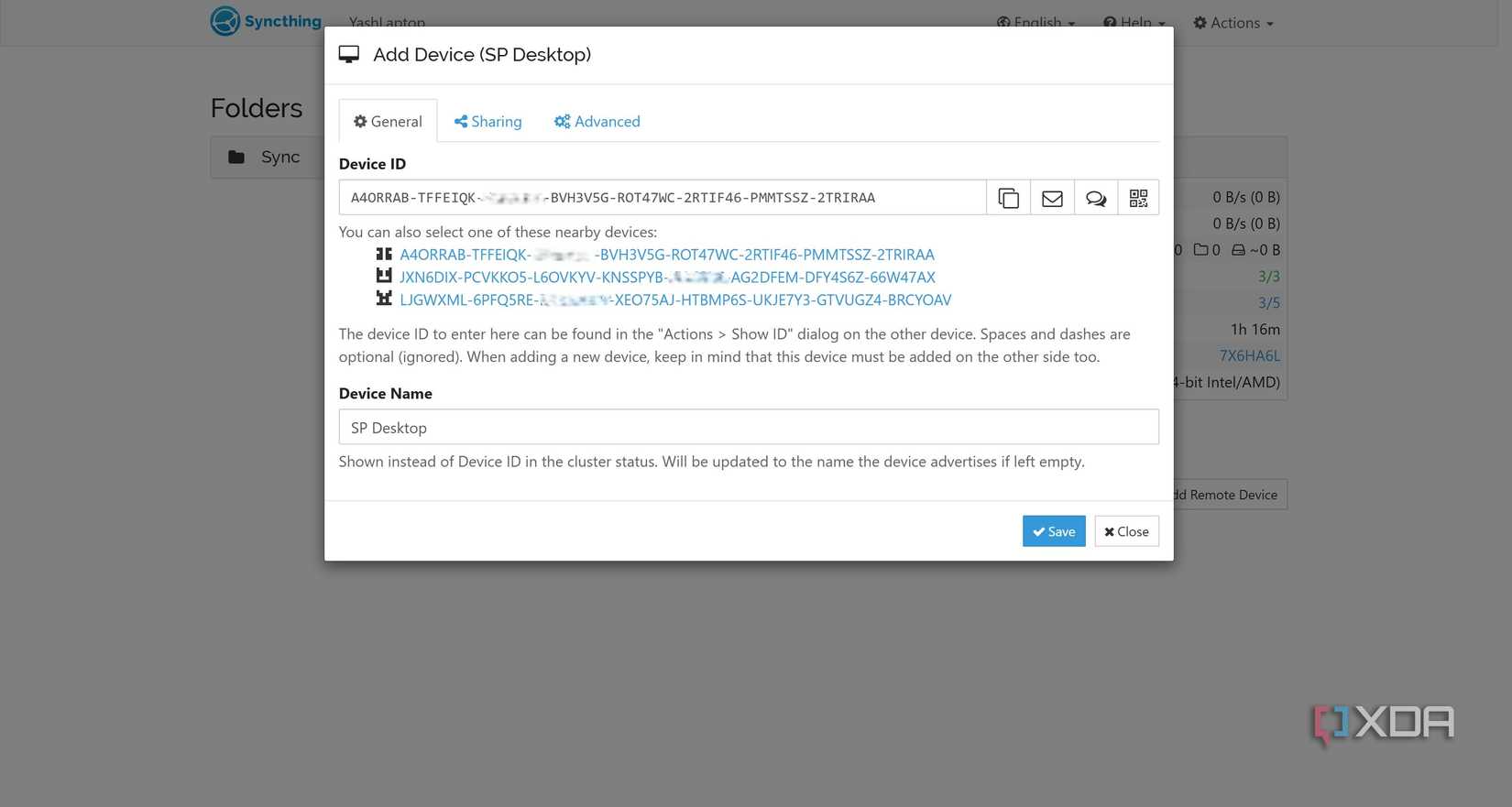 Add device using device ID in Syncthing