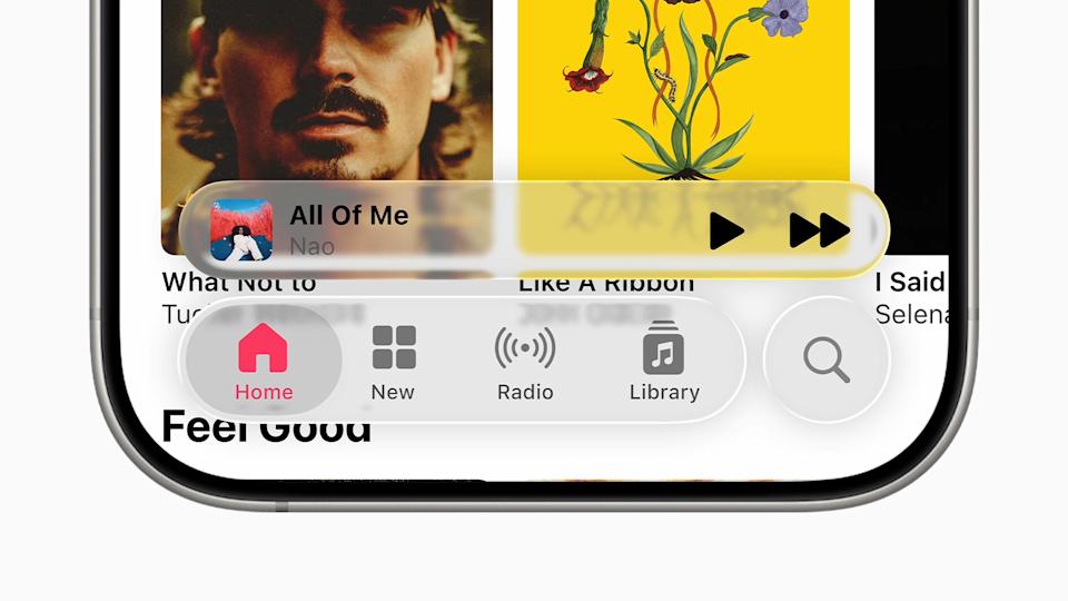 Apple's iOS 26 Liquid Glass design language. Closeup of the bottom of an iPhone, showing Apple Music's new translucent controls.