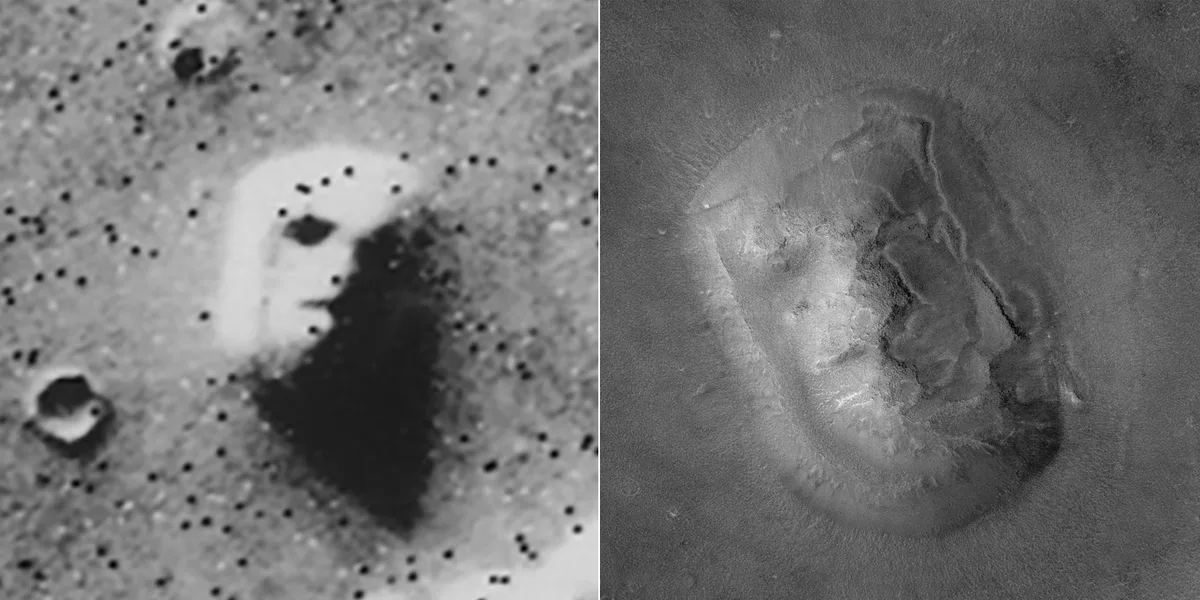 Left: the original 'face on Mars' image captured by NASA's Viking 1 Orbiter spacecraft on 25 July 1976. Right: A more recent image of the same feature by the Mars Global Surveyor's Mars Orbital Camera on 8 April 2001 shows it doesn't really look like a face at all. Credit: NASA/JPL