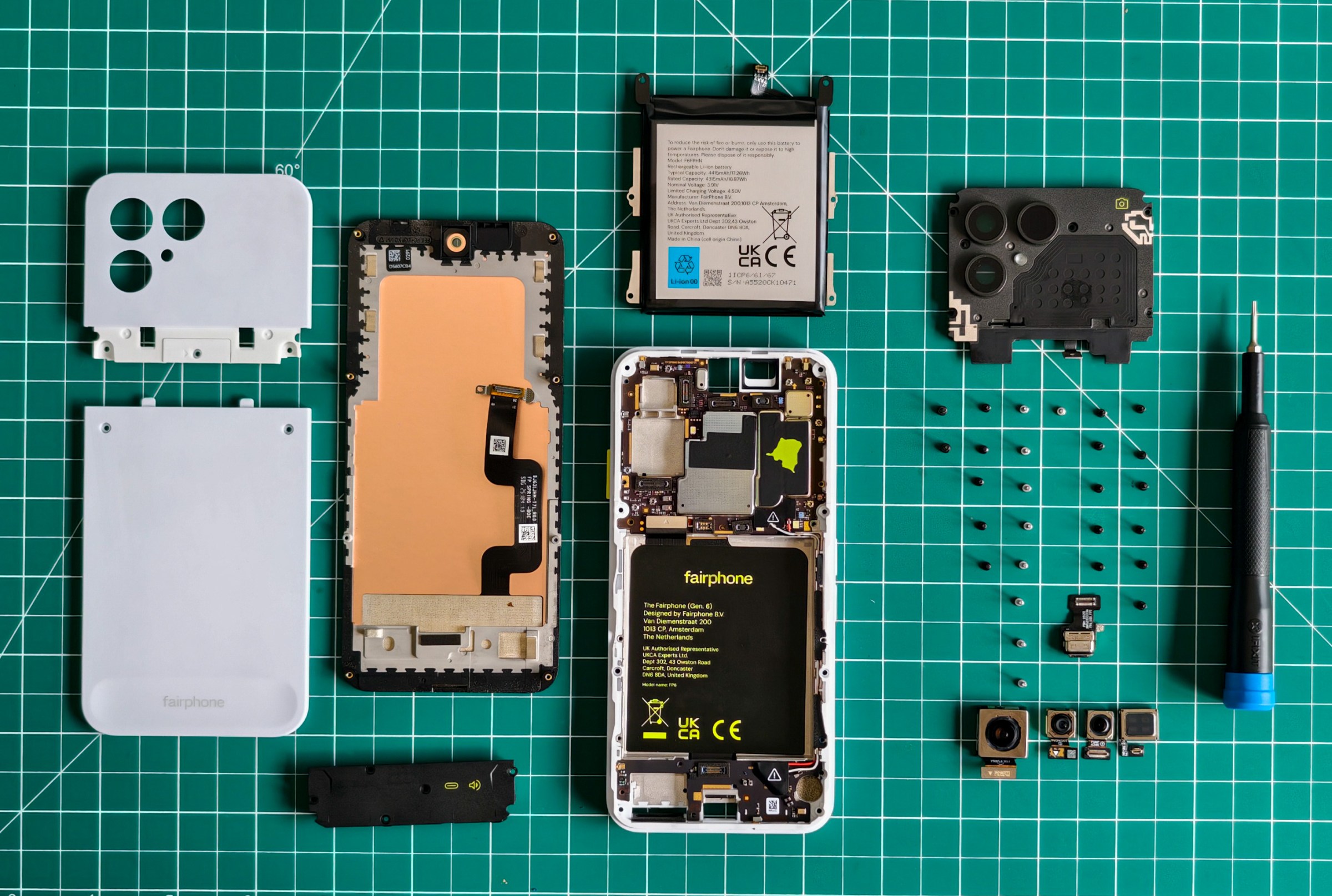 Photo of the Fairphone 6 lying on a green cutting mat with every component removed