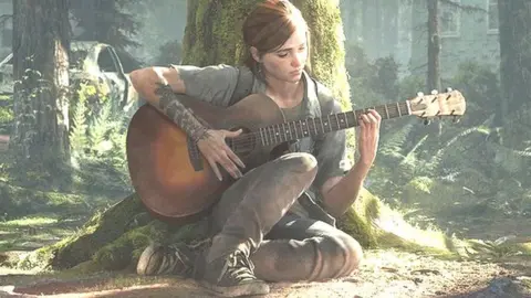 Sony Ellie in The Last of Us II, playing a guitar while sitting against a tree