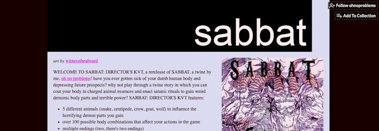 A screenshot of an Itch.io page showing the game SABBAT. Includes a drawing of a four-headed goat.