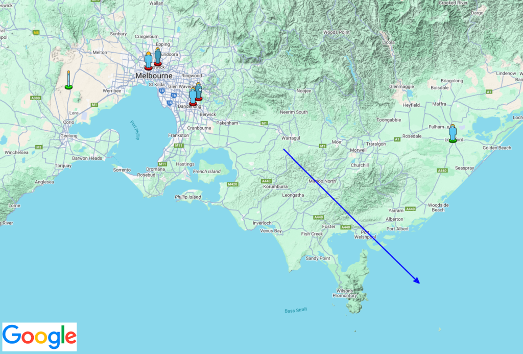 Figure 1- Map of observers who reported the August 10th, 2025, 10h 48min UT fireball over Victoria (Australia). The blue arrow is the automatically calculated trajectory of the meteoroid that was at the source of the meteoric event. Credit: AMS, IMO