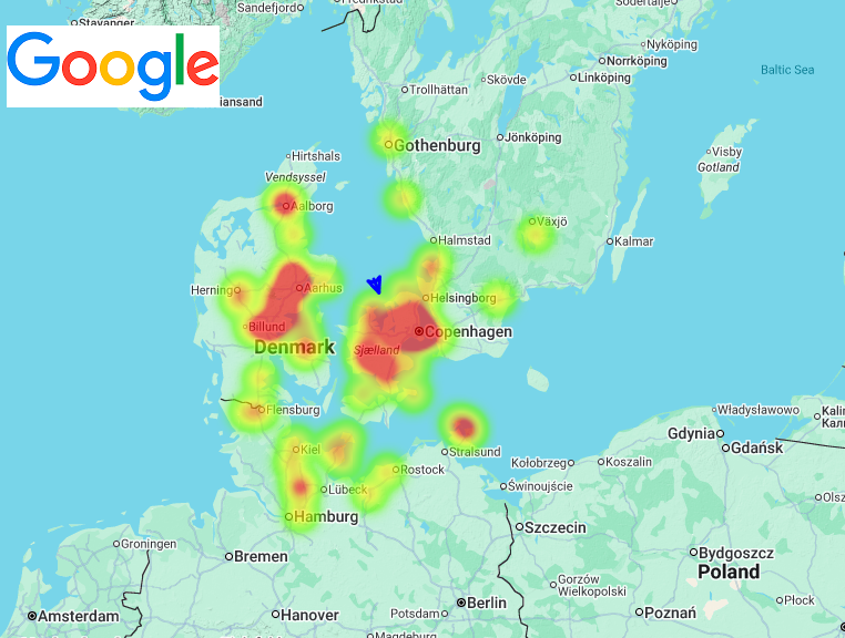 Figure 3- Heatmap of observers who reported the August 5th, 2025, 19h 17min UT fireball over Denmark. The blue arrow is the automatically calculated trajectory of the meteoroid that was at the source of the meteoric event. Credit: AMS, IMO