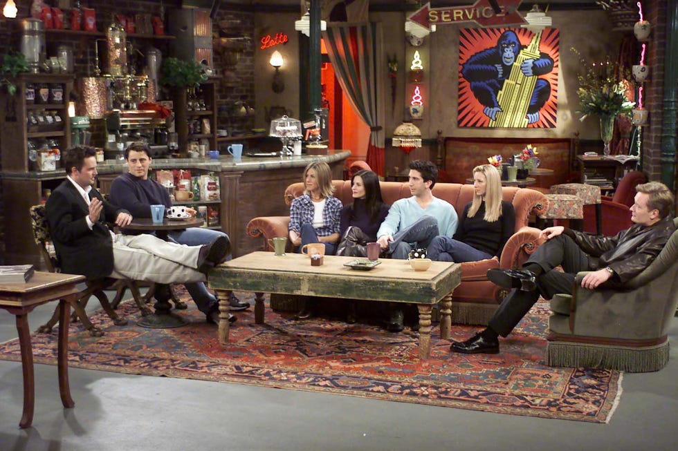 friends friends: the stuff youve never seen aired 02/15/2001 pictured: (l r) matthew perry, matt leblanc, jennifer aniston, courteney cox, david schwimmer, lisa kudrow, conan obrien nbc photo: chris haston/nbcu photo bank