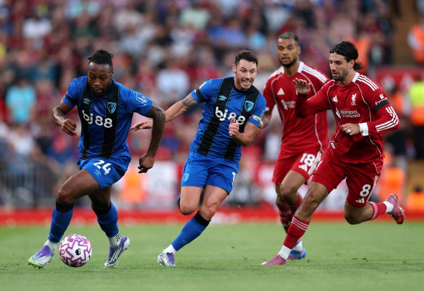 Bournemouth's Antoine Semenyo breaks away from the Liverpool defence in the season opener.
