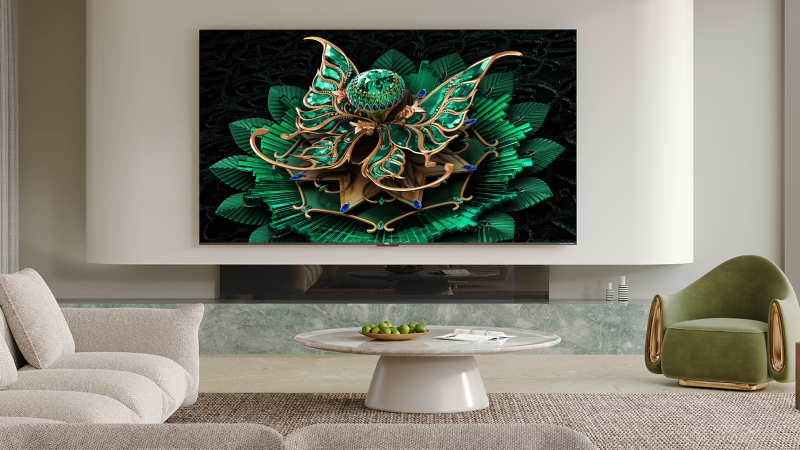 A TCL C7K TV wall-mounted in a modern lounge.
