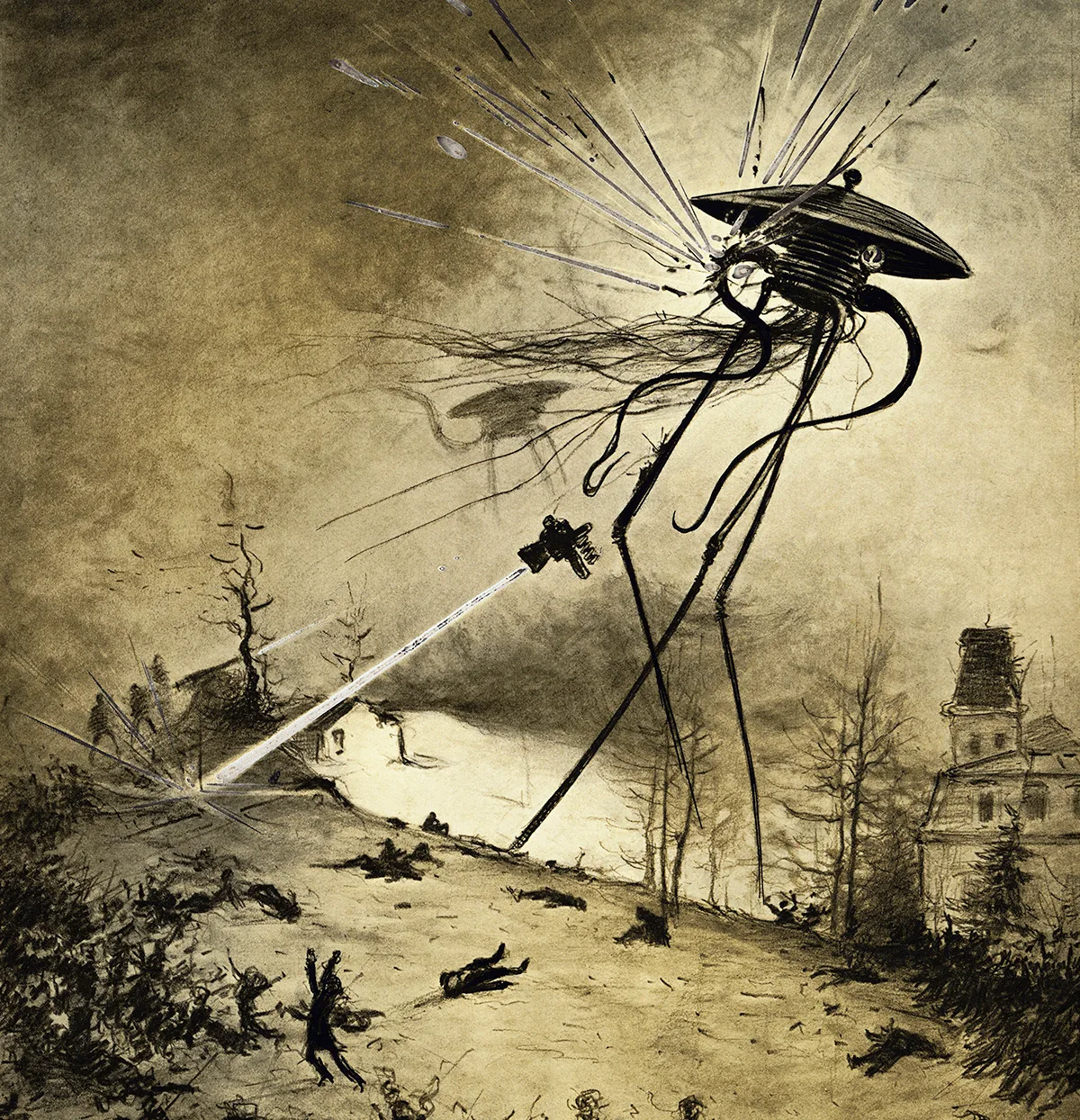 Illustration of Martians attacking from a 1906 edition of The War of the Worlds by H.G. Wells. Credit: Bettmann / Getty Images