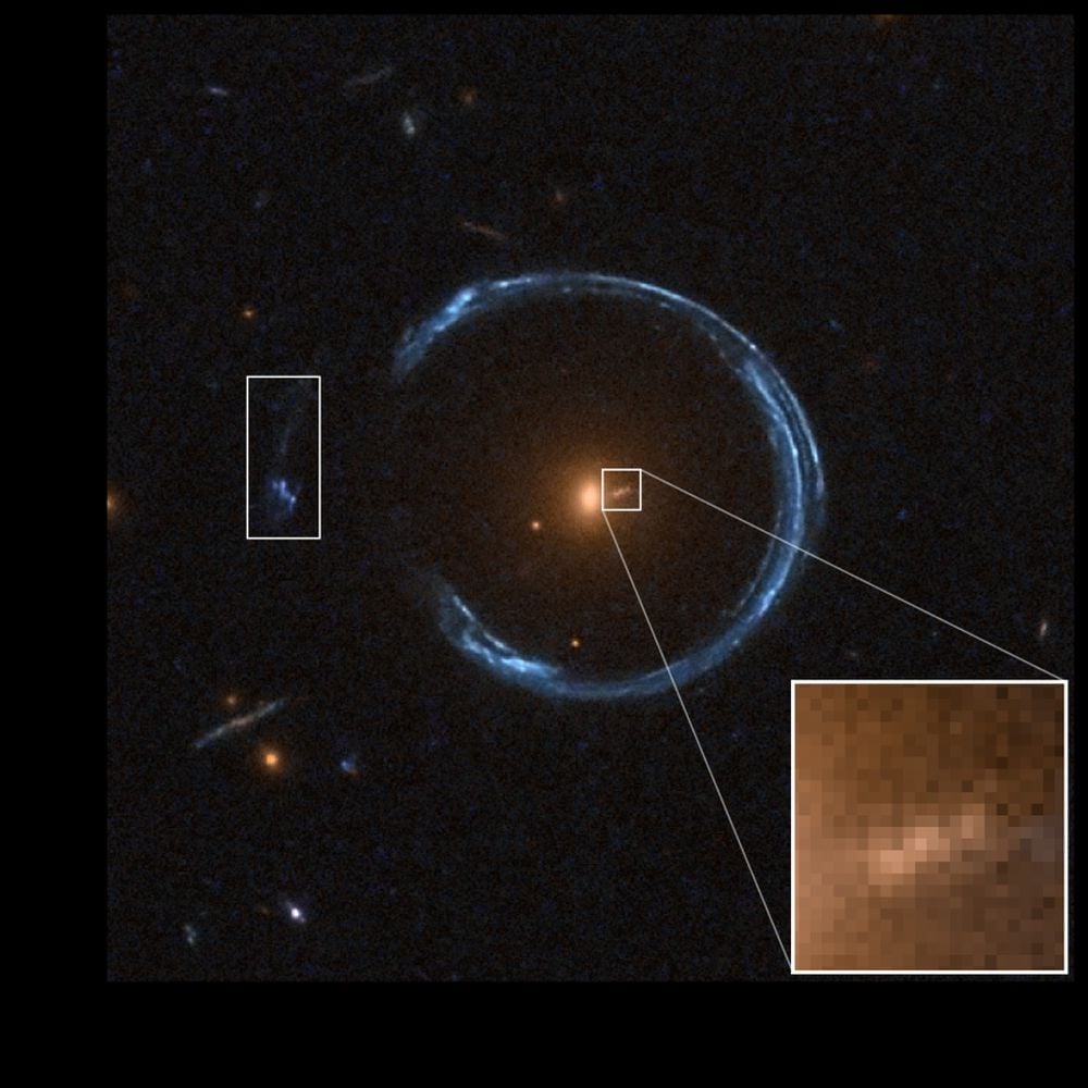 Another image of the Cosmic Horseshoe, but with the pair of images of a second background source highlighted. The faint central image forms close to the black hole, which is what made the new discovery possible. Image Credit: NASA/ESA/Tian Li(University of Portsmouth). Licence type: Attribution (CC BY 4.0)