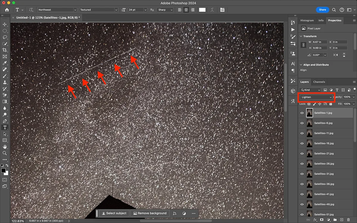 In Photoshop, load your satellite images as a stack, with Layers set to ‘Lighten’. Select five layers at a time and choose ‘Merge Layers’ from the menu to merge them. Each satellite then appears as a streak of five lines, making them easier to find