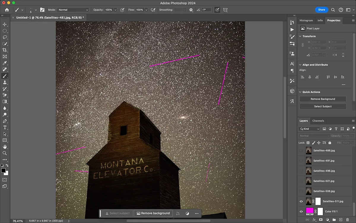With the Brush, click and drag to carefully paint out each satellite streak. Next, invert the mask: this will mask out everything except the satellites in that layer