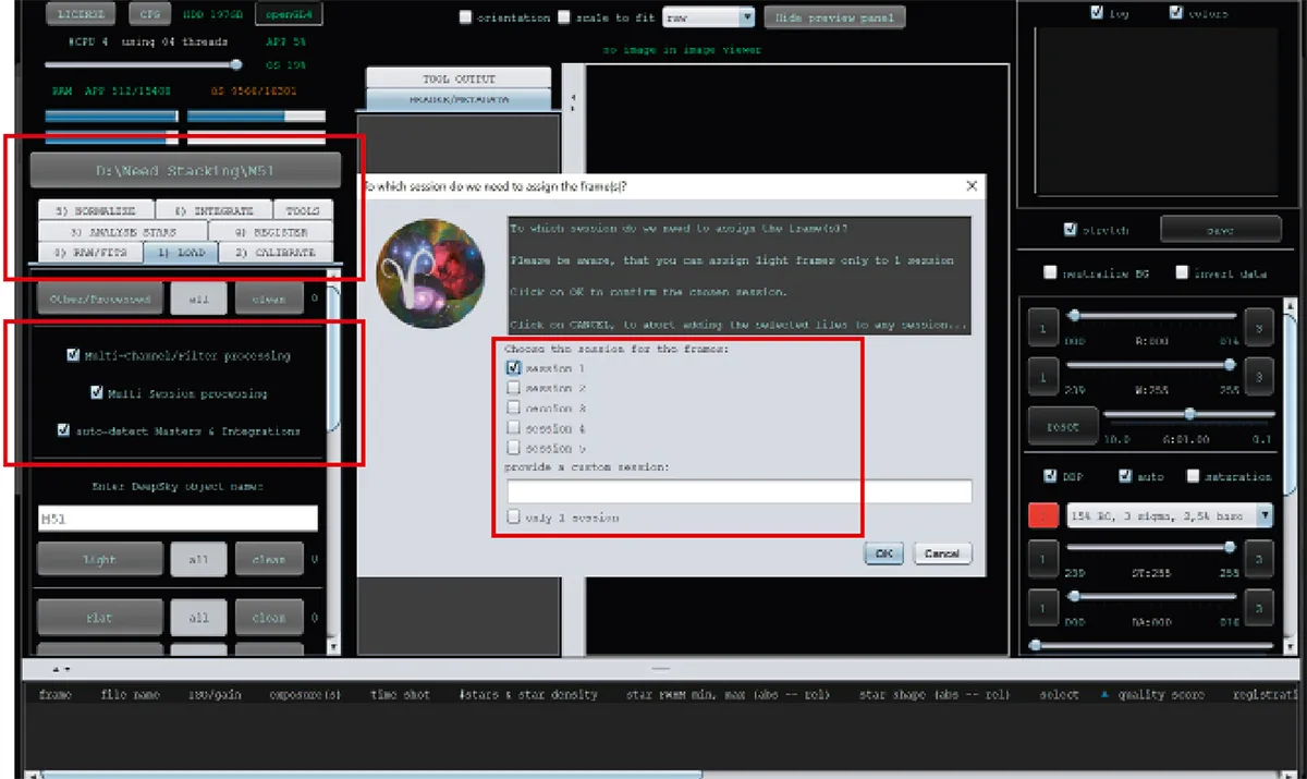 Click the three tick boxes shown before loading your light and calibration frames. Assign these to ‘session 1’. Repeat for your second dataset and save as ‘session 2’