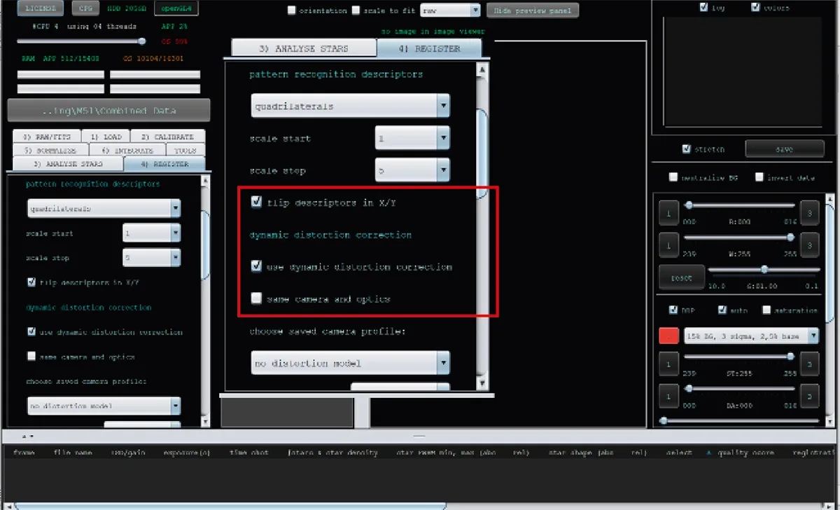 Click ‘4) Register’, tick ‘flip descriptors in X/Y’ and ‘use dynamic distortion correction’ but untick ‘same camera and optics’. Click ‘start registration’