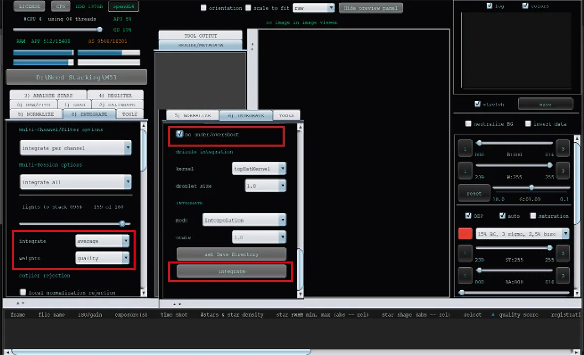 Initially set the ‘6) Integrate’ options as we outline; you can experiment later. Click ‘integrate’, name your image and click ‘ok’ to start stacking. When finished, save your final image for cropping and other adjustments in your preferred processing program