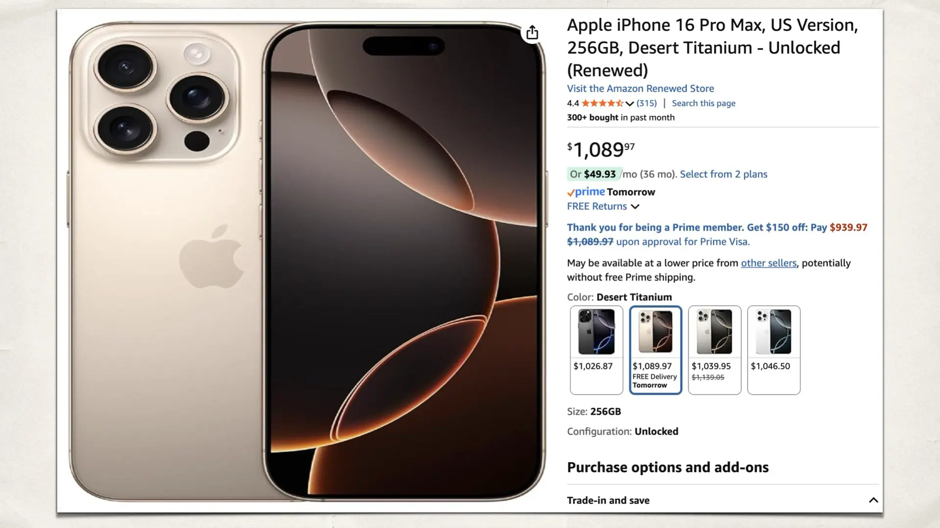 Apple iPhone 16 Pro Max, US Version, 256GB, Desert Titanium - Unlocked (Renewed)
