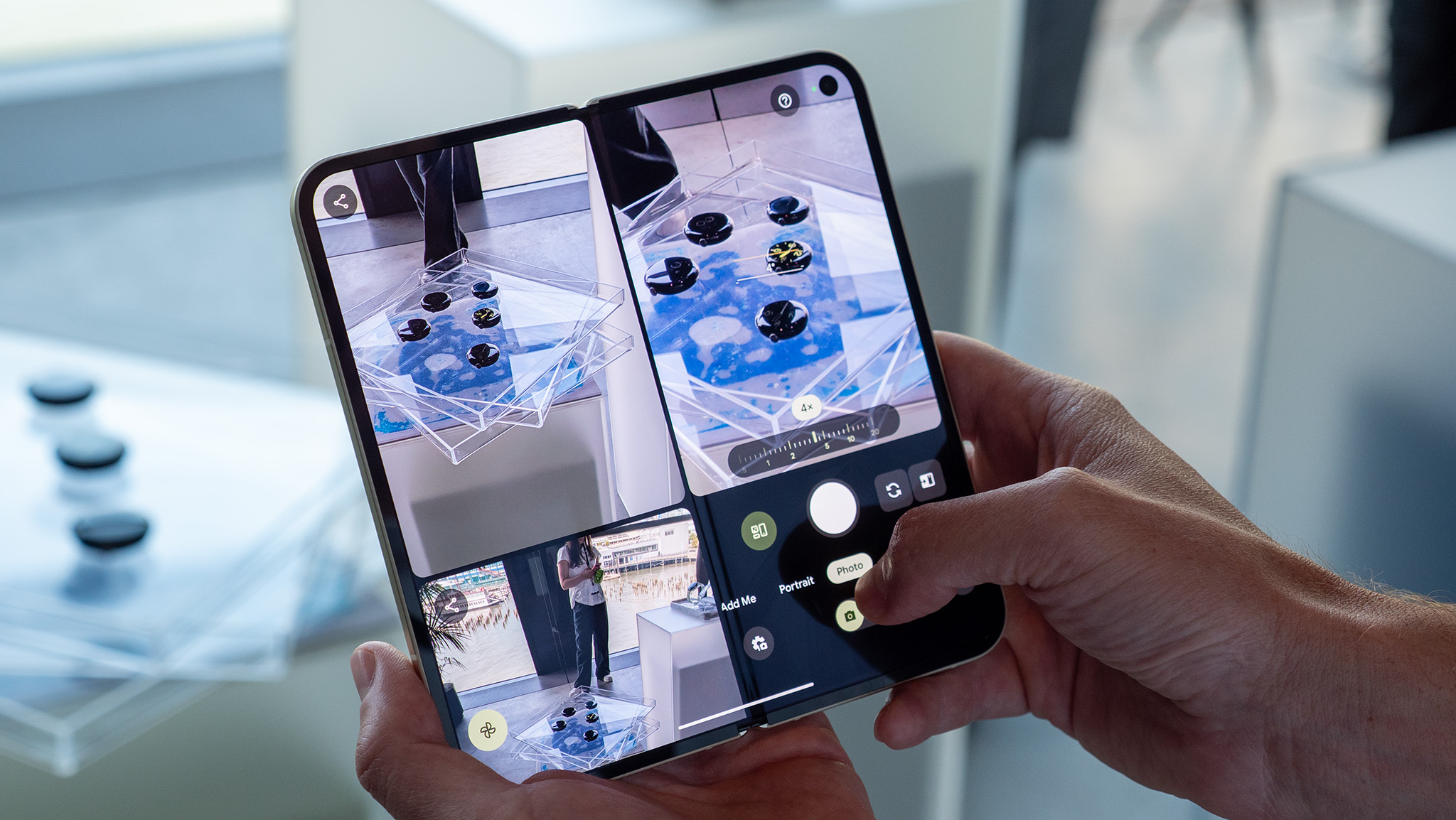 The Google Pixel 10 Pro Fold's new camera viewfinder with Instant View enabled on the left screen
