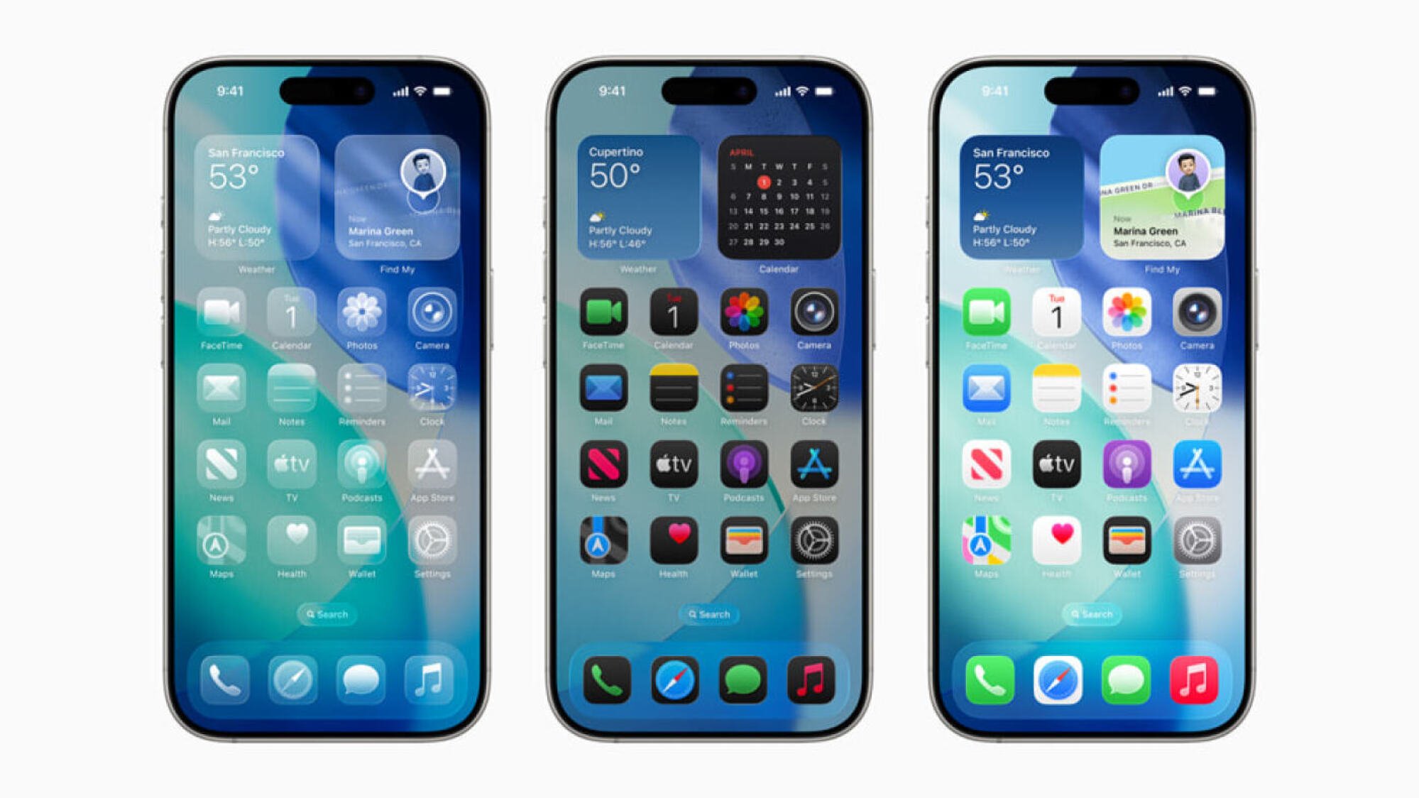 liquid glass from ios 26 on three iphone screens