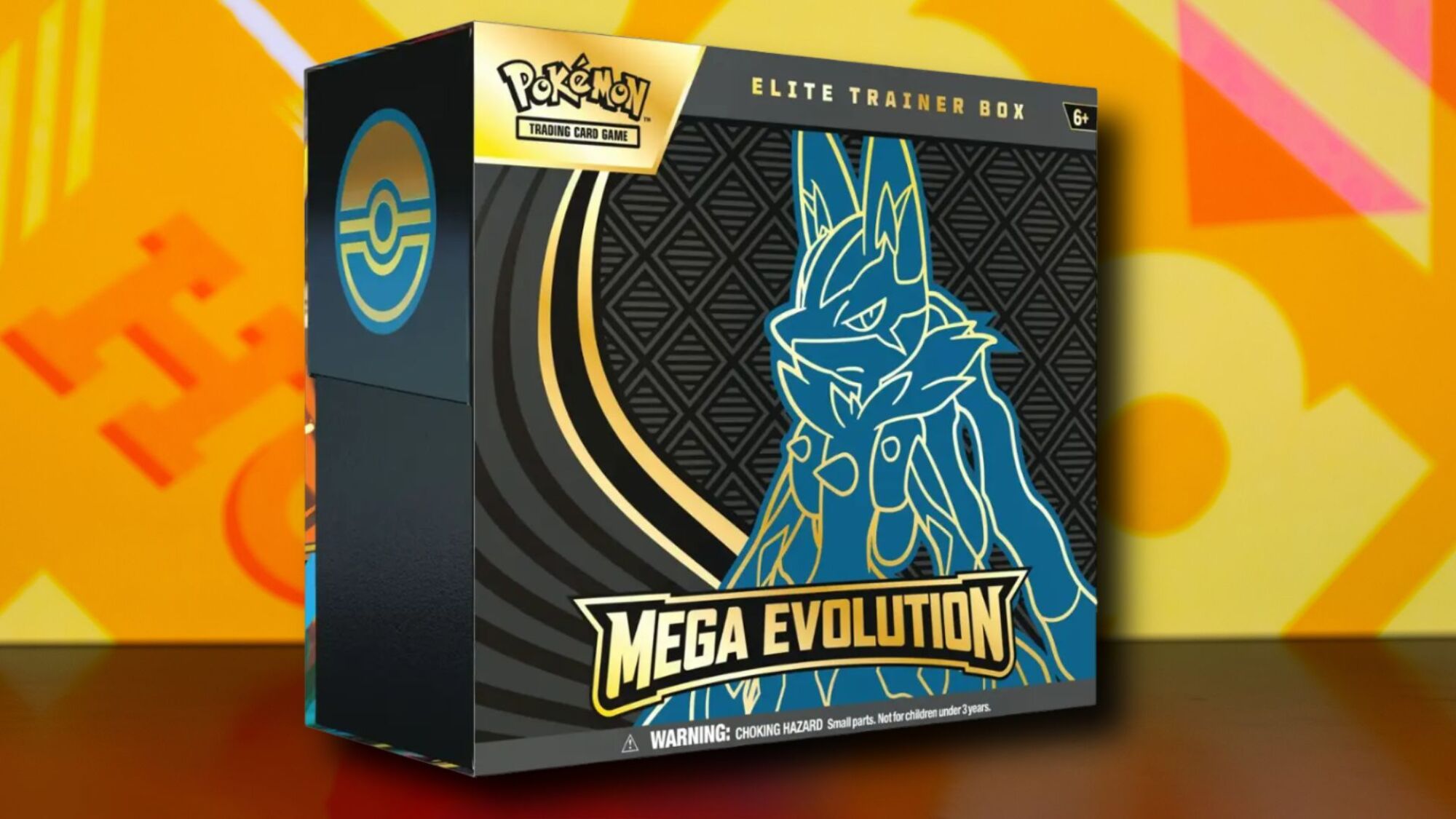 Mega Evolutions Elite Trainer Box on an orange patterned background
