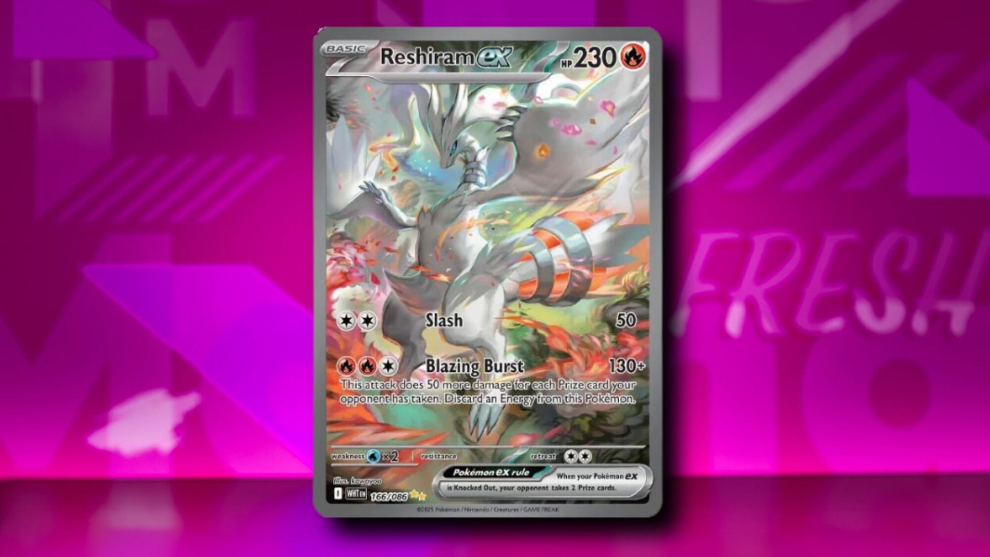 Reshiram ex - 166/086 on a pink patterned background