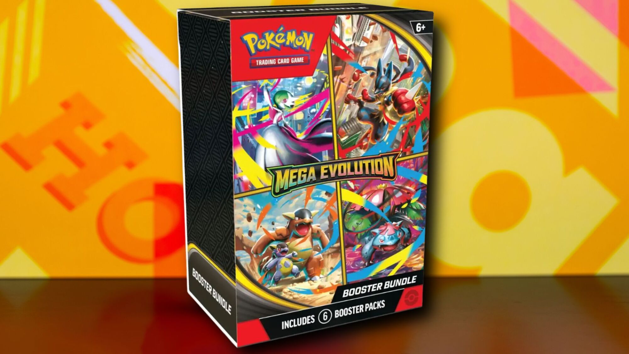 Mega Evolutions Booster Bundle Box on an orange patterned background