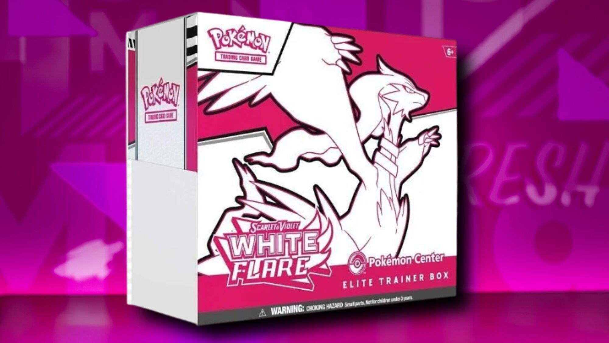 White Flare Pokémon Center Elite Trainer Box on a pink patterned background