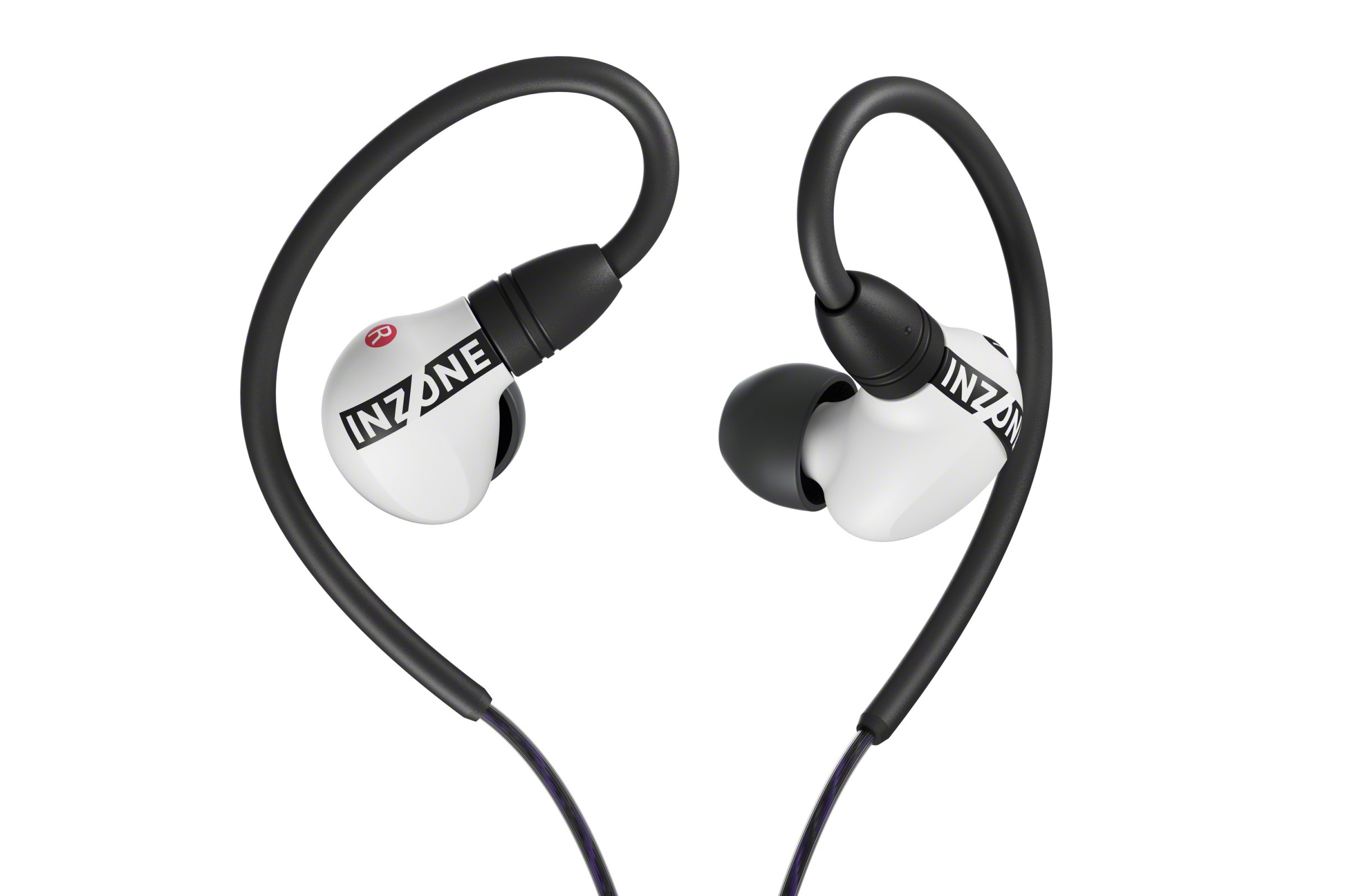 An image showing the InZone E9 in-ear monitors in white, which have ear hooks.