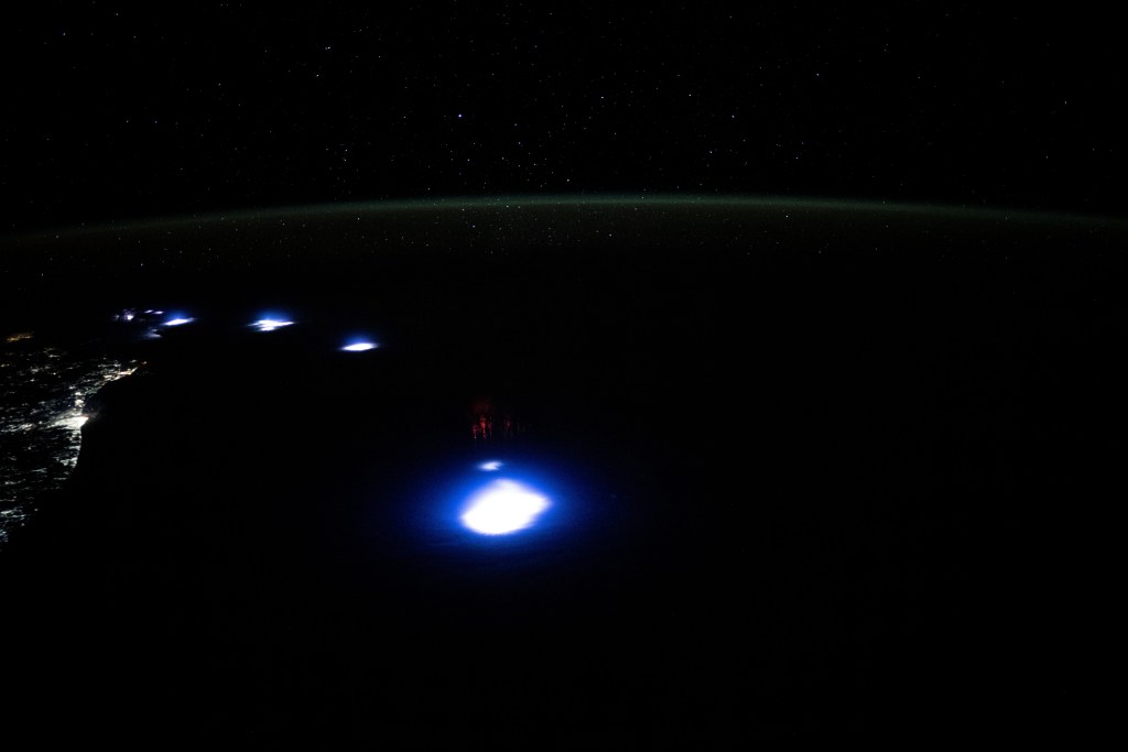 A sprite photographed during a time lapse from the International Space Station over South Africa.