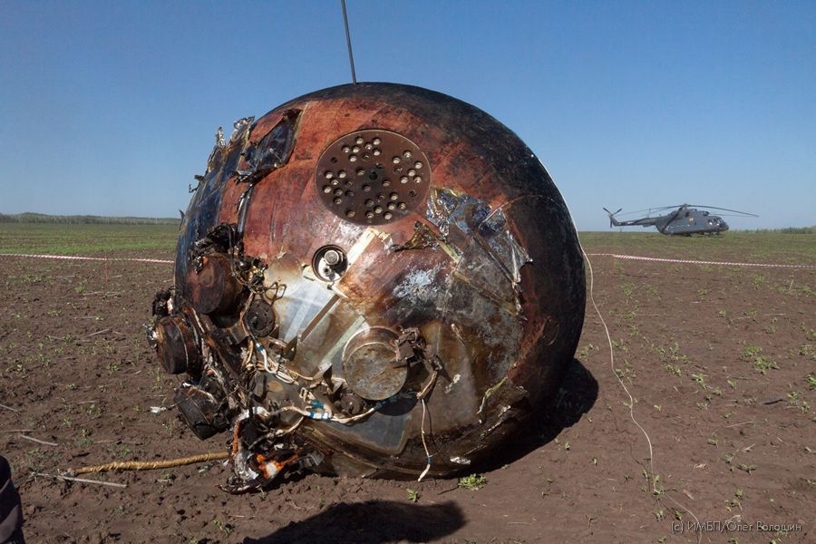 A rusty metal ball with exposed wires lays in a brown field.