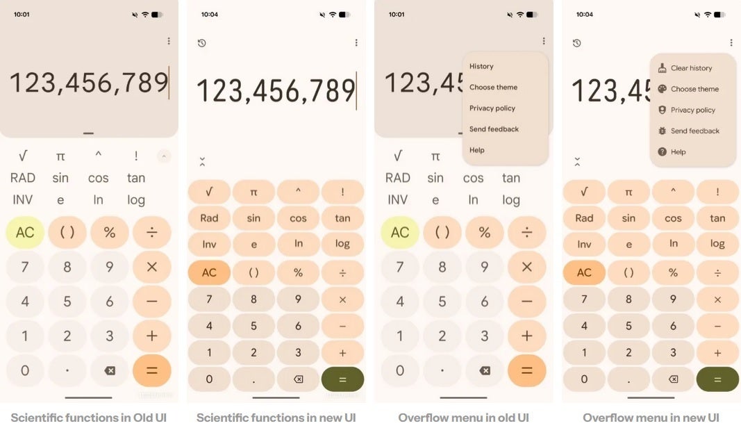 Changes to the Scientific Functions and the Overflow menu with the MAT 3 update of the Calculator app - It all adds up! Google Calculator gets its Material 3 Expressive redesign