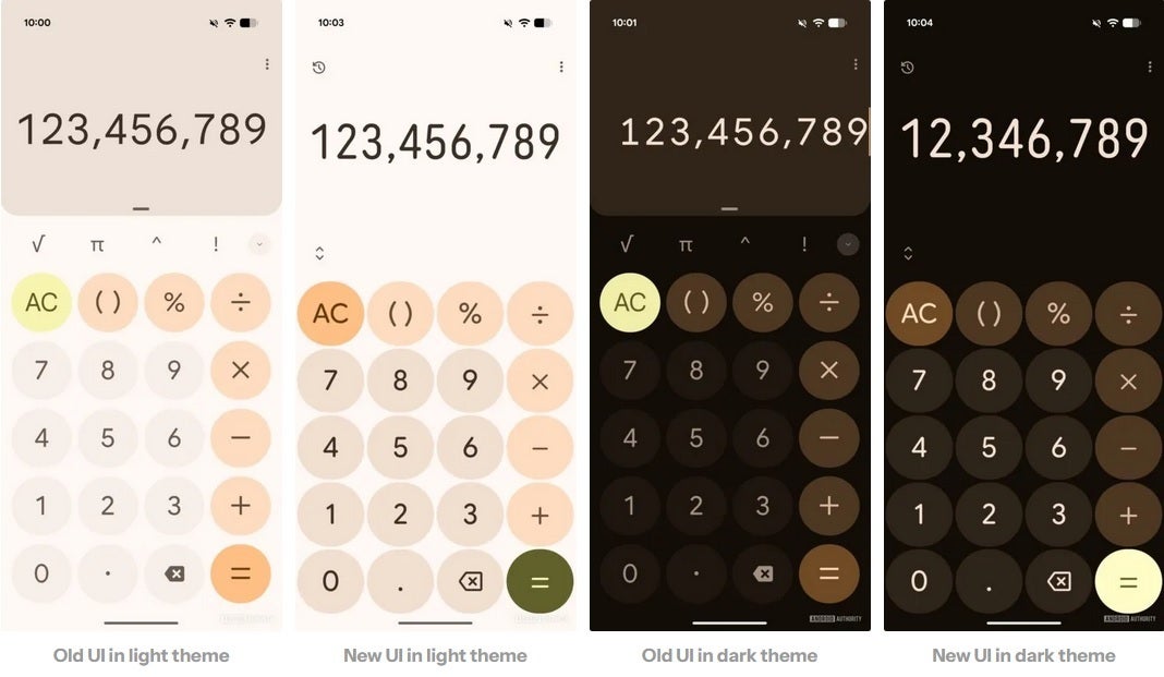New and Old UI for Google Calculator in light mode and dark mode. | Image credit-PhoneArena - It all adds up! Google Calculator gets its Material 3 Expressive redesign