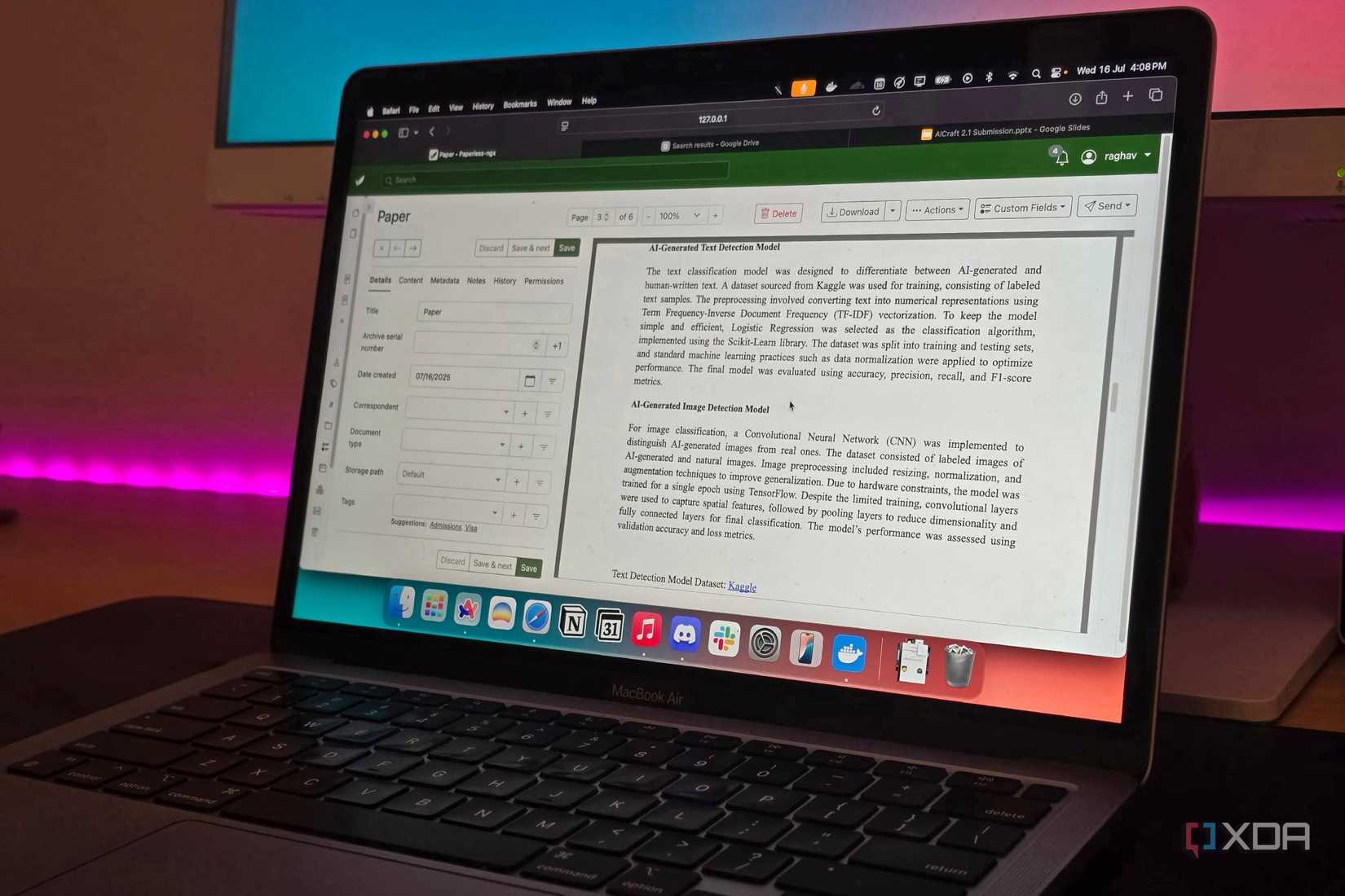 A MacBook running Paperless-ngx with a document open
