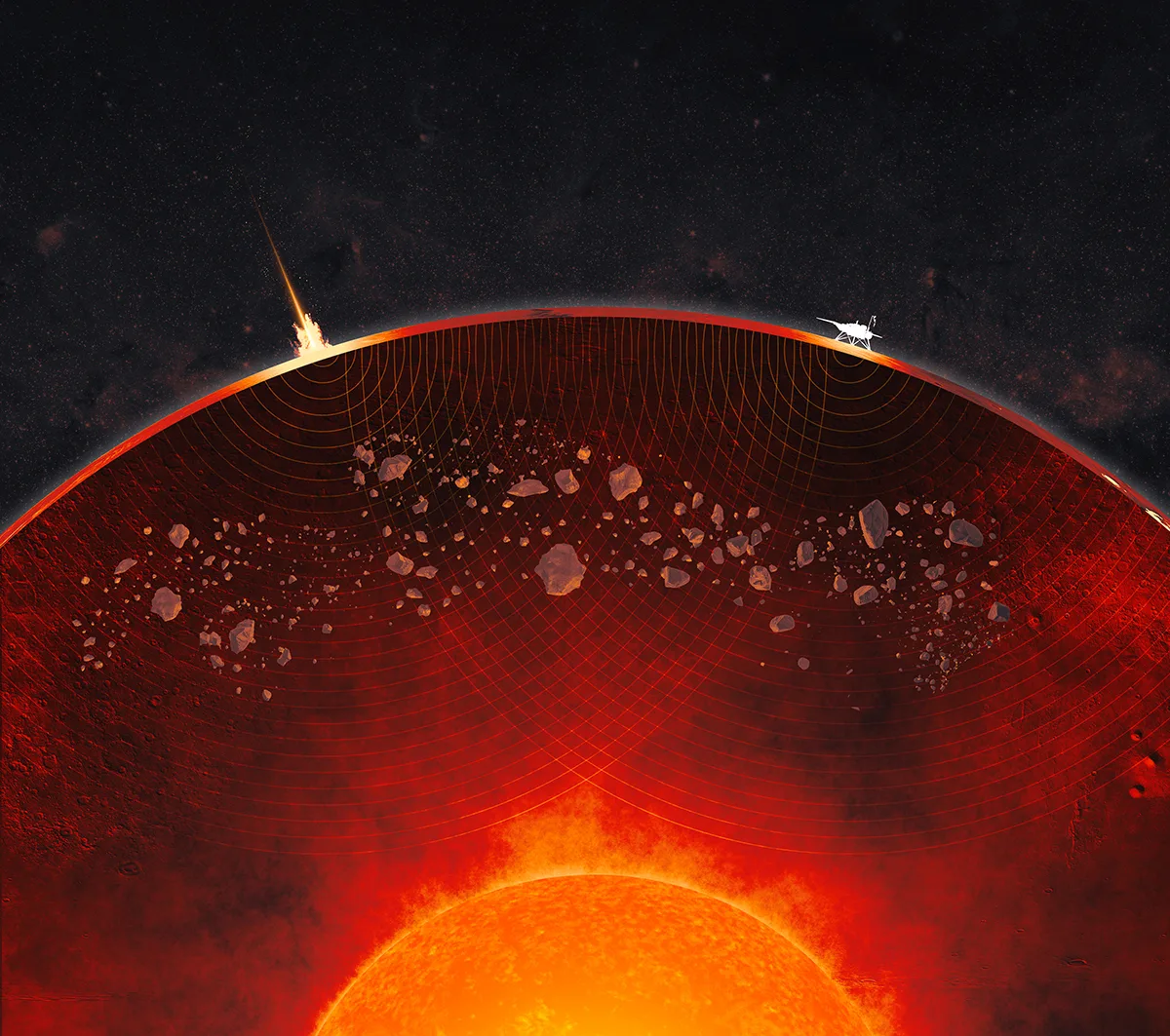 Artist's impression showing seismic waves travelling through Mars's interior, altered by the fragments of ancient impacts. Also pictured is NASA's InSight lander. Credit: NASA/JPL-Caltech