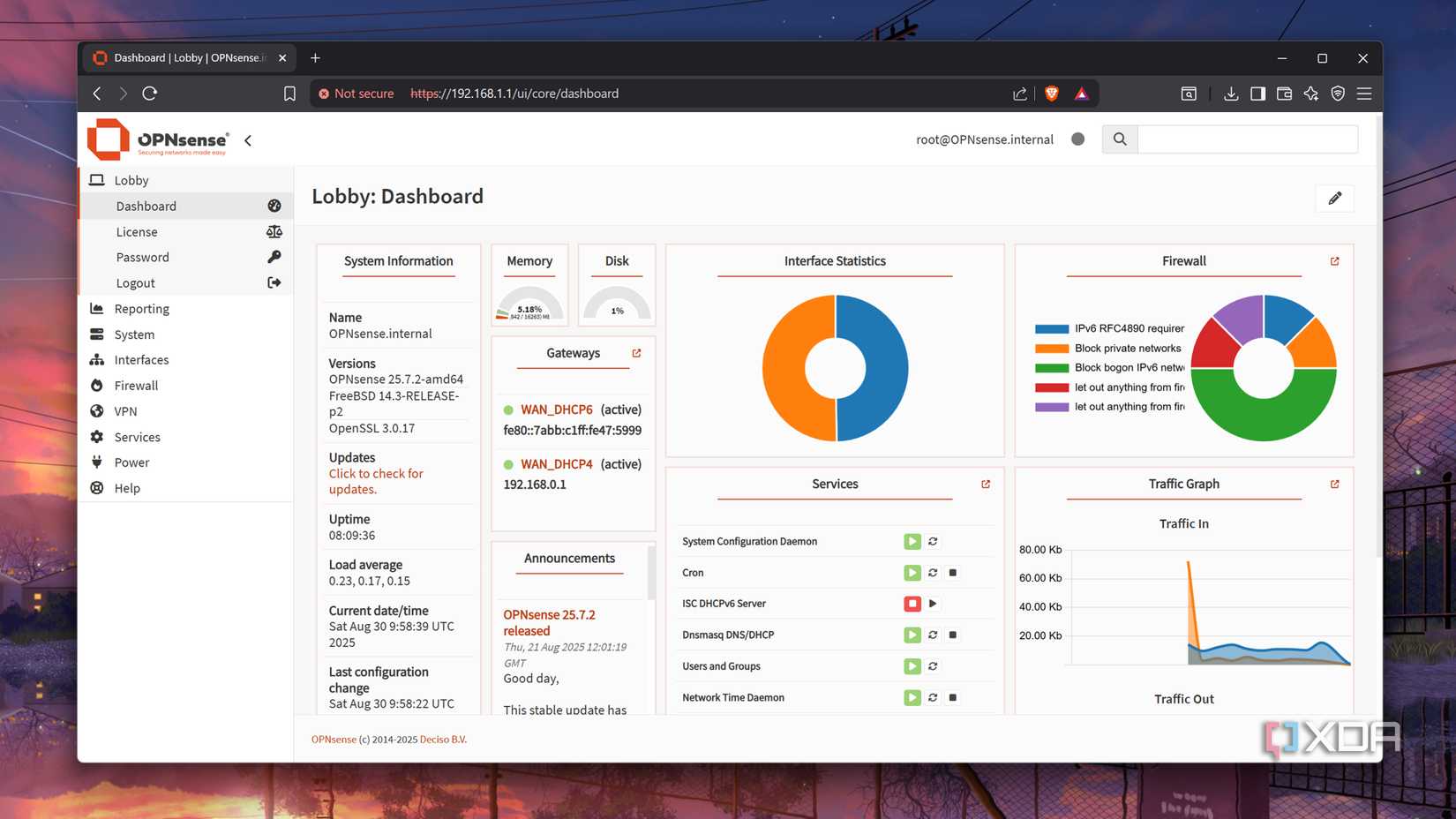 The OPNsense dashboard