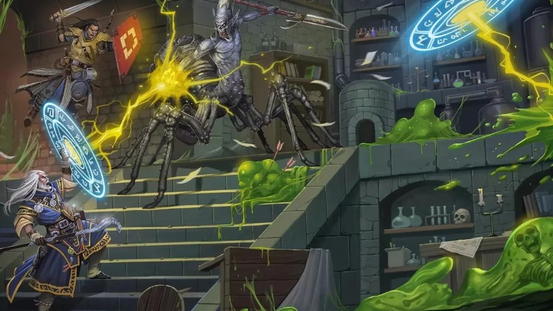 Art from the new Pathfinder Abomination Vaults Adventure Path on D&D Beyond, featuring two adventures battling a spider demon in a wizard's laboratory.