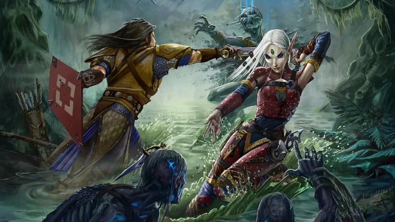 Art from the new Pathfinder Abomination Vaults Adventure Path on D&D Beyond, featuring two adventures battling zombies in a swamp.