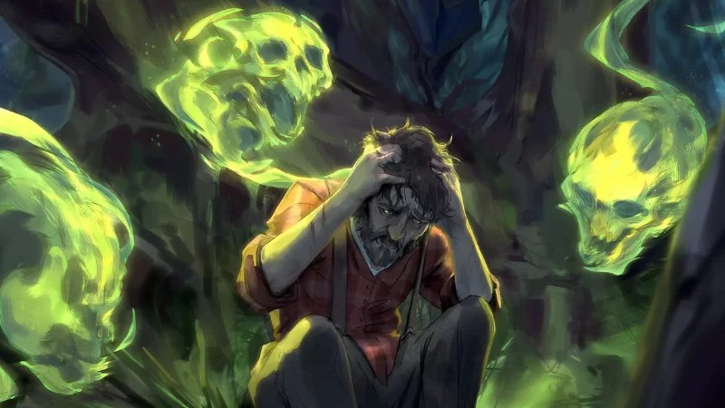 Art from the new Pathfinder Abomination Vaults Adventure Path on D&D Beyond, featuring a terrified man surrounded by glowing, spectral green skulls.